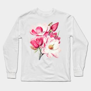 Watercolor Botanical Pink Magnolia Flowers Long Sleeve T-Shirt